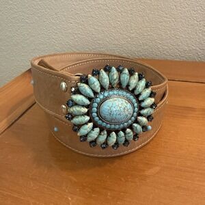 BB Simon Women's Medium Leather Belt Faux Turquoise Black Rhinestone Buckle